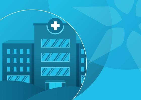 Stylized illustration of a hospital building with a medical cross icon on a blue background.