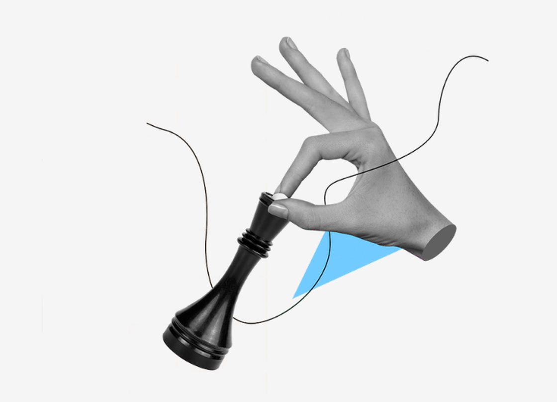 Black-and-white collage illustration of a hand delicately holding a black chess piece between two fingers. A thin abstract line curves across the imag