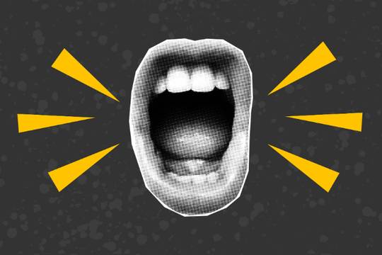 mouth shouting on a gray background with yellow marks