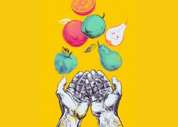 Pop art illustration of two open hands beneath floating apples, pears and citrus fruit on a bright yellow background, symbolizing how marketers can th