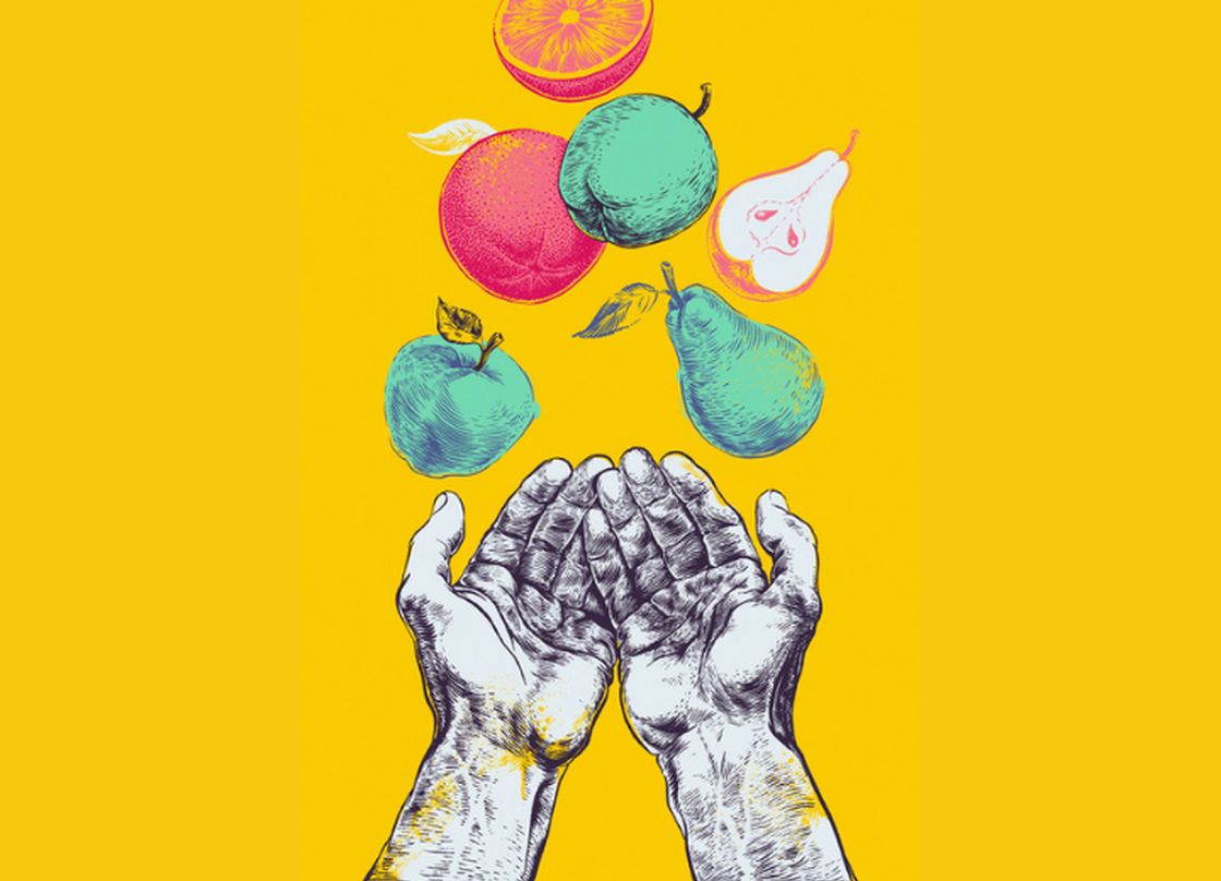 Pop art illustration of two open hands beneath floating apples, pears and citrus fruit on a bright yellow background, symbolizing how marketers can th