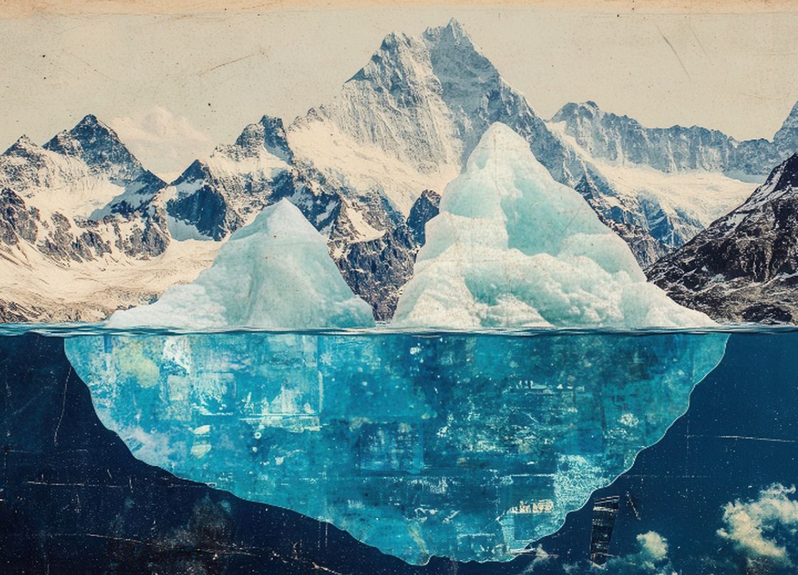 Iceberg above and below the surface, symbolizing visible creative work supported by hidden operational planning.